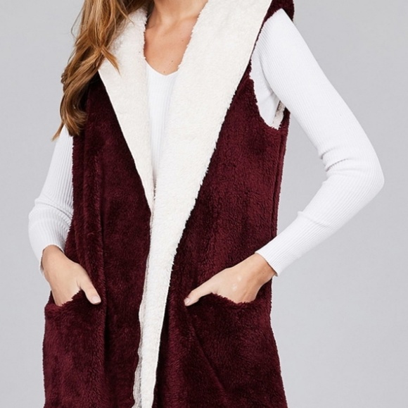 💖Burgundy & Ivory Hooded Fluffy Fur Long Vest - Picture 5 of 5